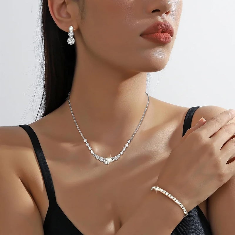 Jstyle Silver Plated Jewelry Set for Women Rhinestone Crystal Necklace Drop Earrings Link Bangle Bracelet Bridal Wedding Jewelry Sets for Brides Bridemaid Prom Costume Accessories - Image 3
